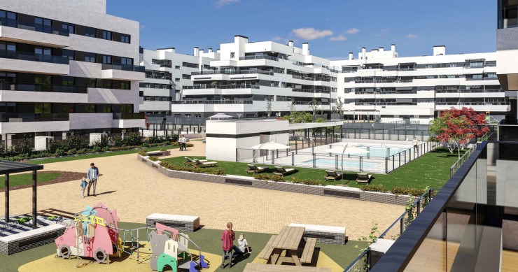 Panorámica de las zonas comunes de la promoción BtR entregada por Aedas Homes a Nestar Homes en Alcalá de Henares