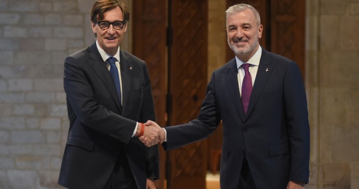 El presidente de la Generalitat, Salvador Illa, y el alcalde de Barcelona, Jaume Collboni, durante su primera reunión institucional, en el Palau de la Generalitat, a 4 de septiembre de 2024