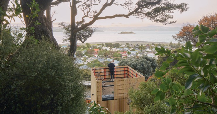 La torre cuenta con un jardín en la azotea que ofrece unas vistas espectaculares al puerto de Wellington.