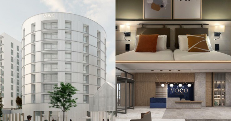 Render del exterior de voco Nantes (Izquierda). Imagen de una habitación de voco Bilbao City (Arriba derecha) y render del vestíbulo de voco Antalya- Konyaaltı (Abajo a la derecha).