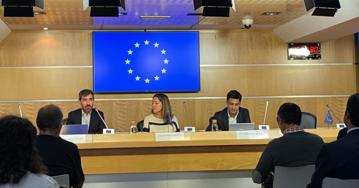 El consejero económico de España en la UE, Eduardo Gómez Casado, la responsable de España en el Grupo de Trabajo de Vivienda de la CE, Tatiana Márquez Uriarte, y el director General de vivienda y Suelo del MIVAU, Francisco Javier Martín