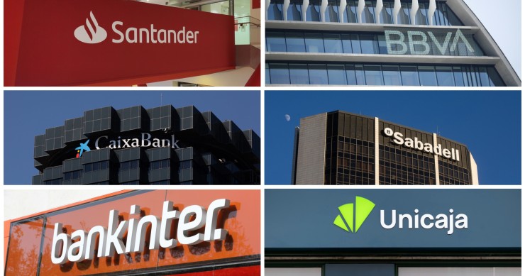 Archivo - Logos de Banco Santander, BBVA, CaixaBank, Banco Sabadell, Bankinter y Unicaja