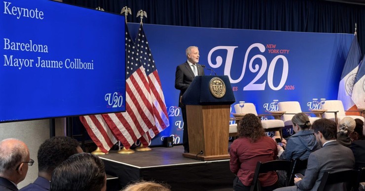 El alcalde de Barcelona, Jaume Collboni, durante su intervención en la cumbre U20 en Nueva York