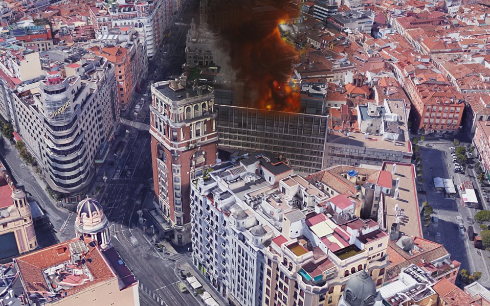 Recreación en 3D del incendio en la Gran Vía.