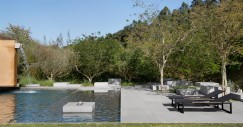 Piscina con hamacas y árboles al fondo
