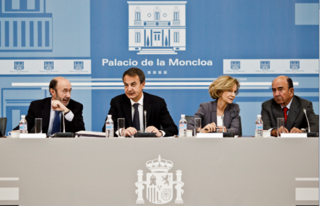 de izq. a drcha: alfredo pérez rubalcaba, josé luis rodríguez zapatero, elena salgado y emilio botín