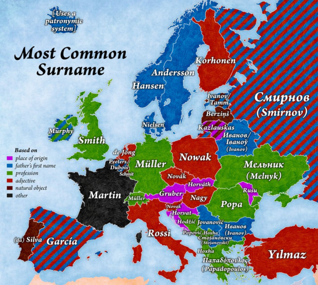 Mapa de los apellidos europeos más comunes