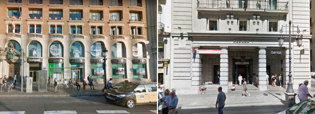 Las oficinas de Barcelona y Madrid que salen a la venta están en pleno centro de las ciudades / Google Maps