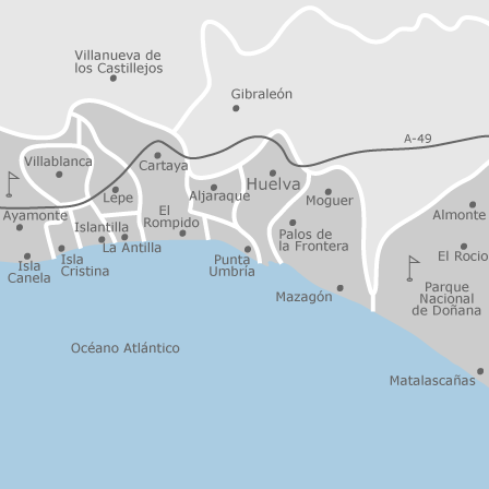 Mapa de la provincia de Huelva destacando pueblos costeros